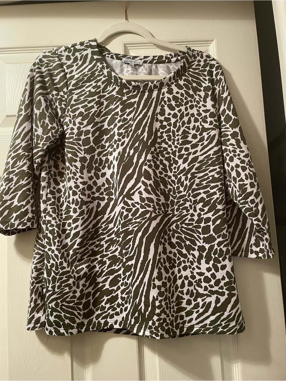 Sportelle Olive and White Animal Print 3/4 Sleeve Top